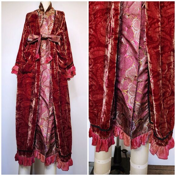 Vintage Velvet Silk Robe Duster Layering - Romantic Long Floral Layering XS S - Picture 2 of 10